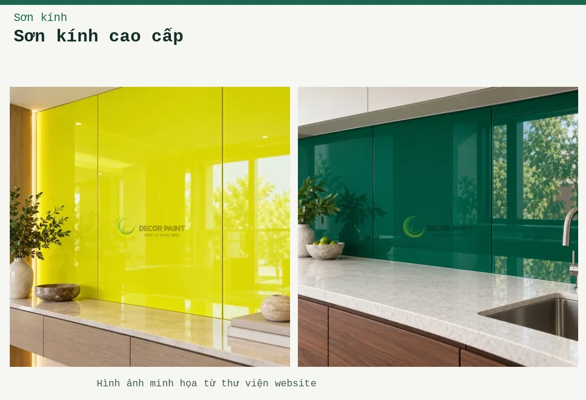Sơn kính cao cấp – Ảnh minh họa: Kính ốp tường; Kính bếp xanh ngọc.