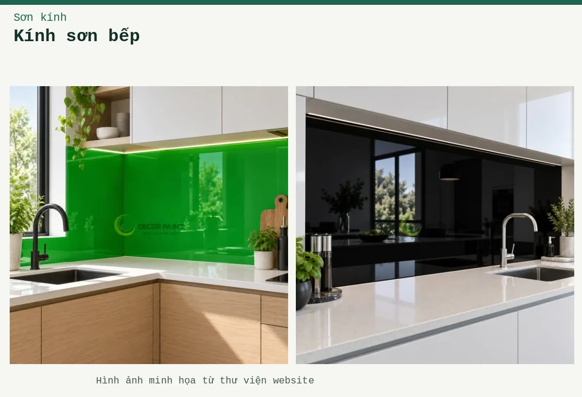 Kính sơn bếp – Ảnh minh họa: Kính ốp bếp đen; Kính bếp góc L.