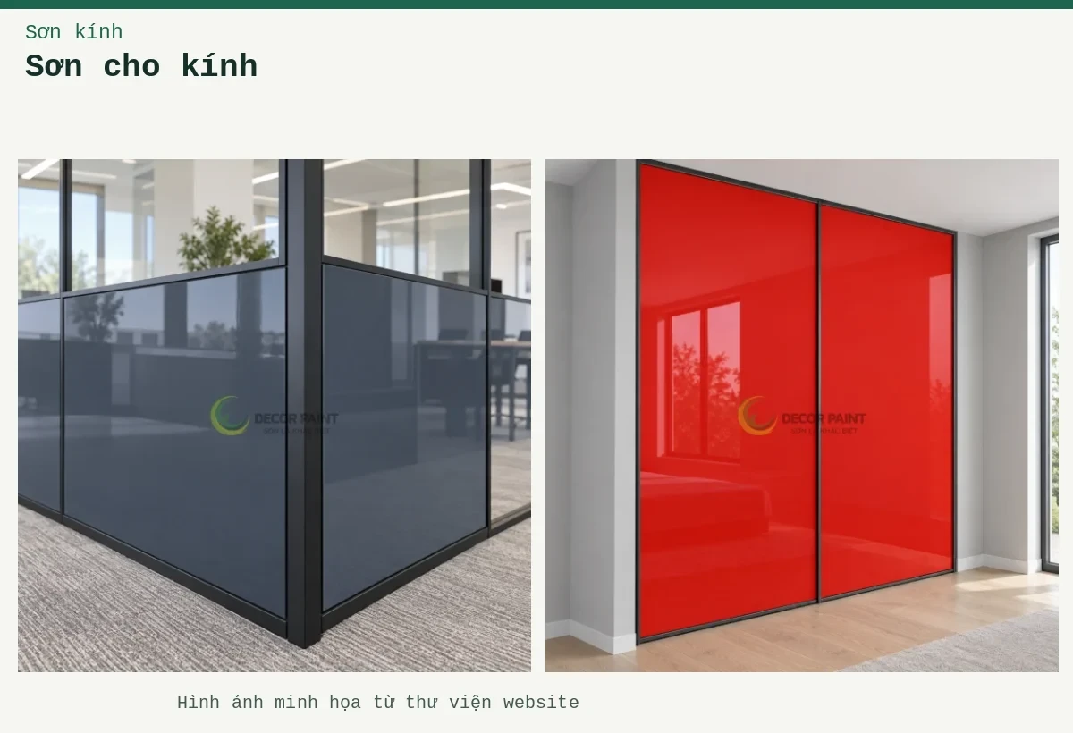 Sơn cho kính – Ảnh minh họa: Vách kính màu ghi đậm; Cánh tủ kính màu đỏ theo mẫu.