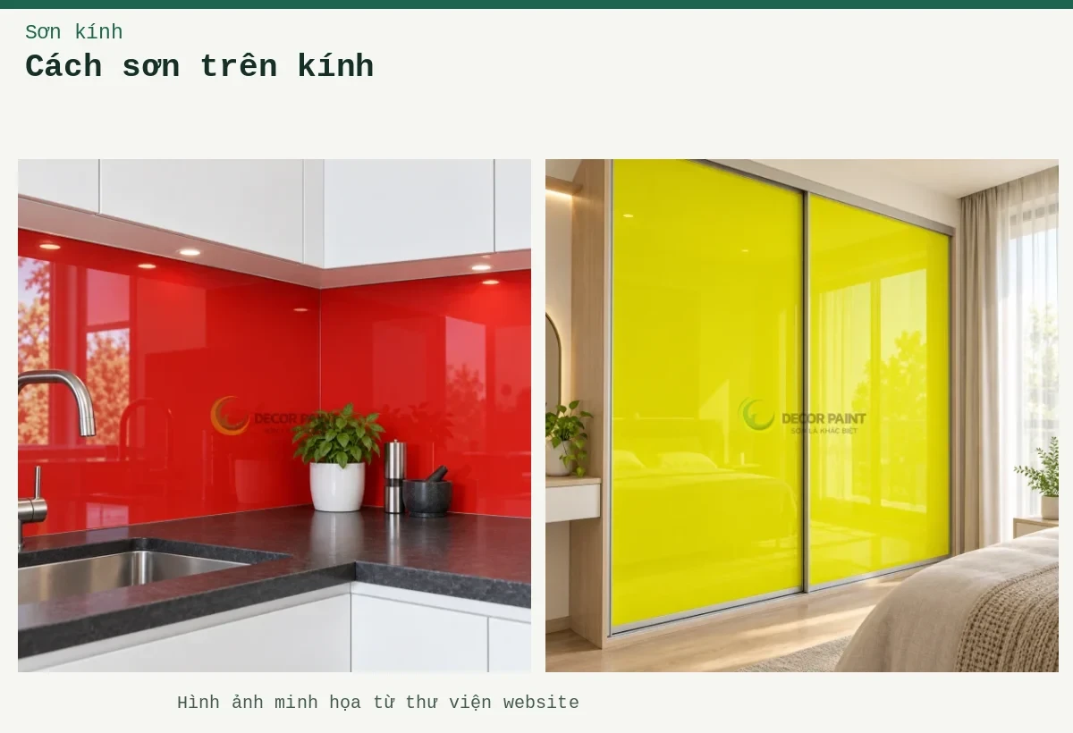 Cách sơn trên kính – Ảnh minh họa: Cửa kính tủ áo; Kính ốp bếp màu đỏ theo mẫu.