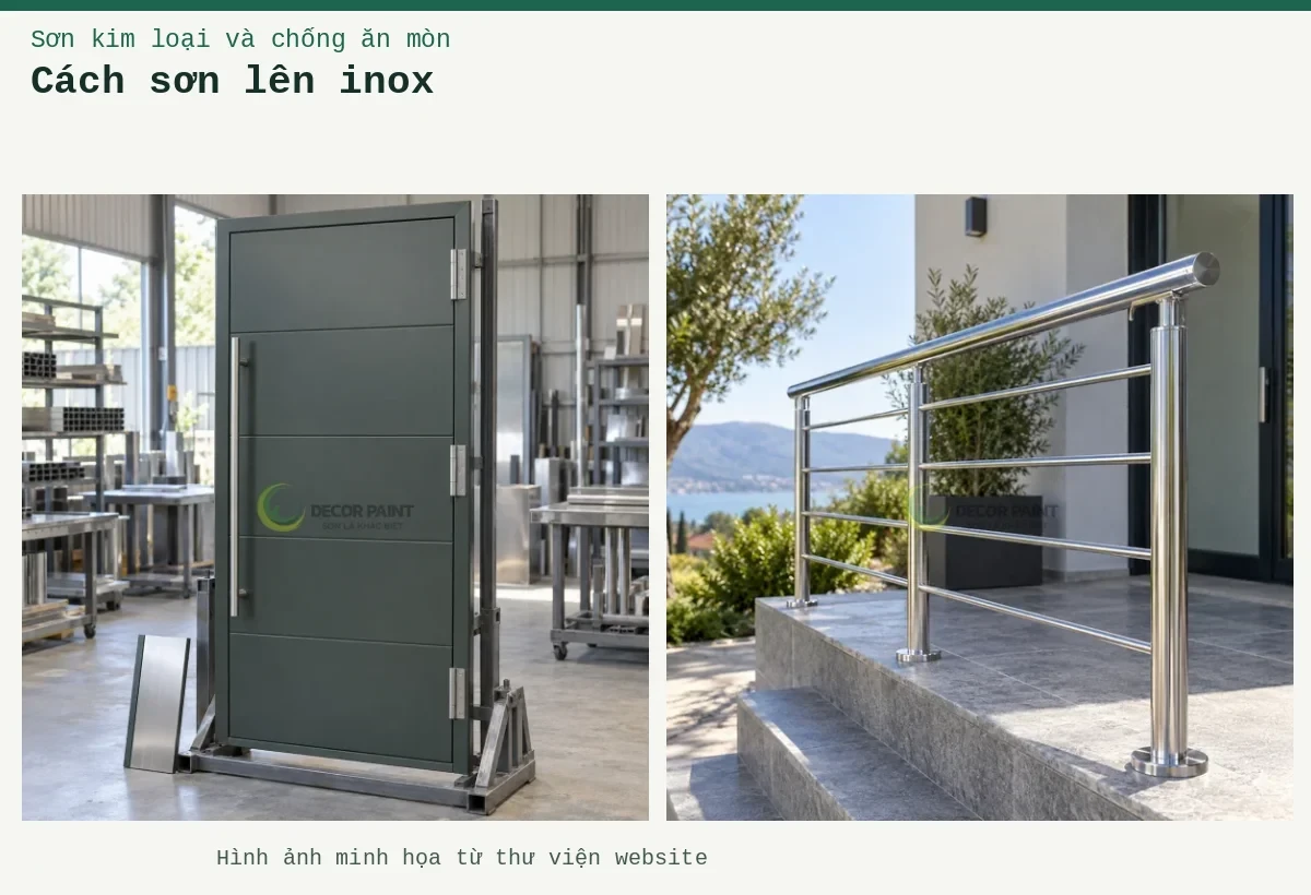 Cách sơn lên inox – Ảnh minh họa: Cửa inox phủ màu xám xanh trên giá gia công; Lan can inox hoàn thiện trong suốt, giữ sắc kim loại và độ phản sáng của bề mặt.