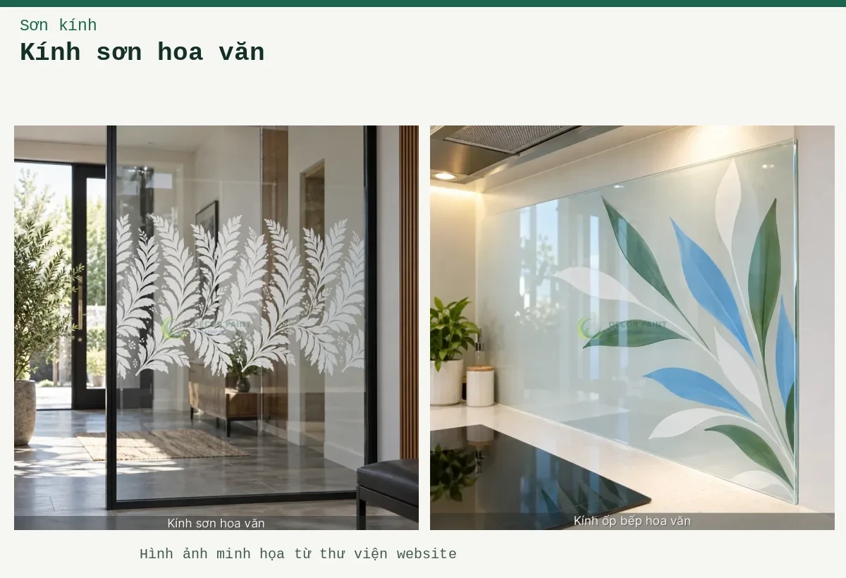 Kính sơn hoa văn – Ảnh minh họa: Minh hoạ kính ốp bếp hoa văn: trắng bóng / xanh ngọc / xanh da trời, thấy rõ bề mặt và cạnh kính; Minh họa kính sơn hoa văn với bề mặt kính và màu trắng bóng.