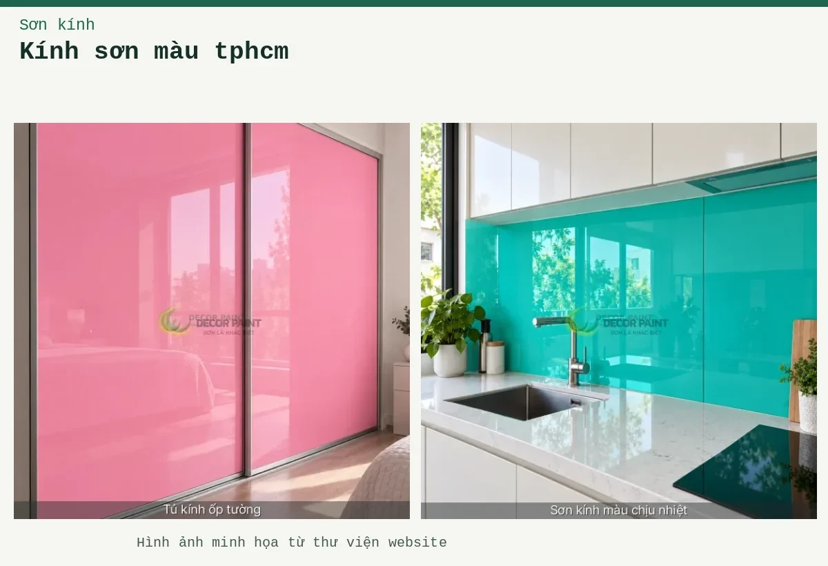 Kính sơn màu tphcm – Ảnh minh họa: Cửa tủ kính màu hồng; Kính ốp bếp xanh ngọc.