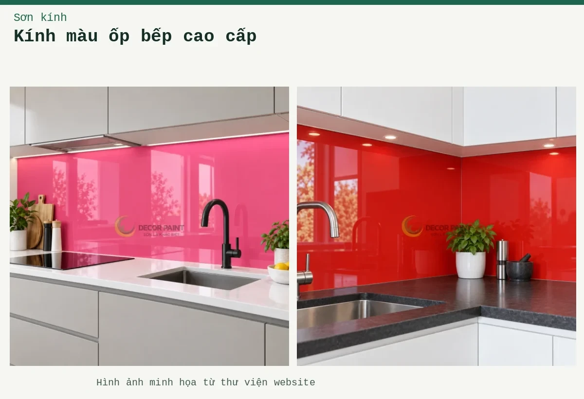 Kính màu ốp bếp cao cấp – Ảnh minh họa: Kính ốp bếp màu đỏ theo mẫu; Kính ốp bếp màu hồng.