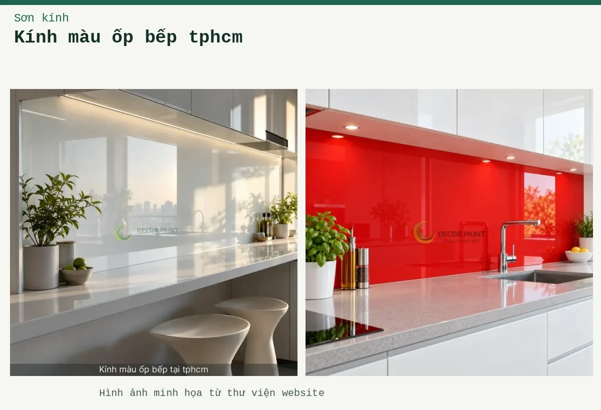 Kính màu ốp bếp tphcm – Ảnh minh họa: Kính ốp bếp màu đỏ tươi; Minh hoạ kính màu ốp bếp tại tphcm: trắng bóng, thấy rõ bề mặt và cạnh kính.