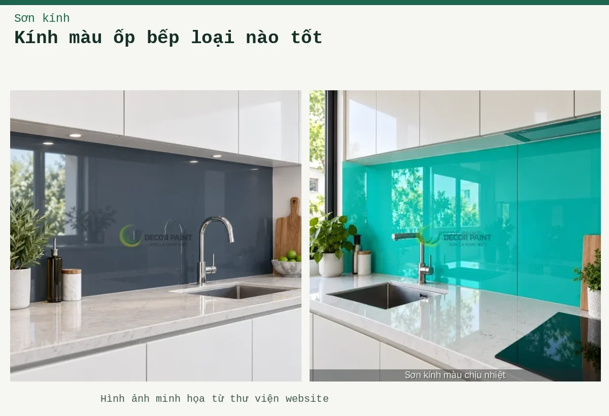 Kính màu ốp bếp loại nào tốt – Ảnh minh họa: Kính ốp bếp xanh ngọc; Kính ốp bếp màu ghi đậm.