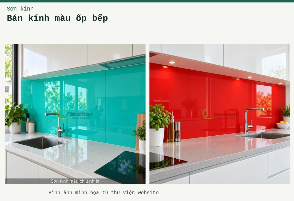 Bán kính màu ốp bếp – Ảnh minh họa: Kính ốp bếp xanh ngọc; Kính ốp bếp màu đỏ tươi.