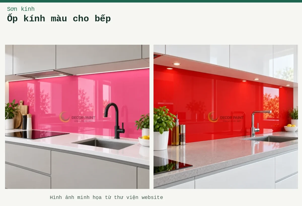 Ốp kính màu cho bếp – Ảnh minh họa: Kính ốp bếp màu hồng; Kính ốp bếp màu đỏ tươi.