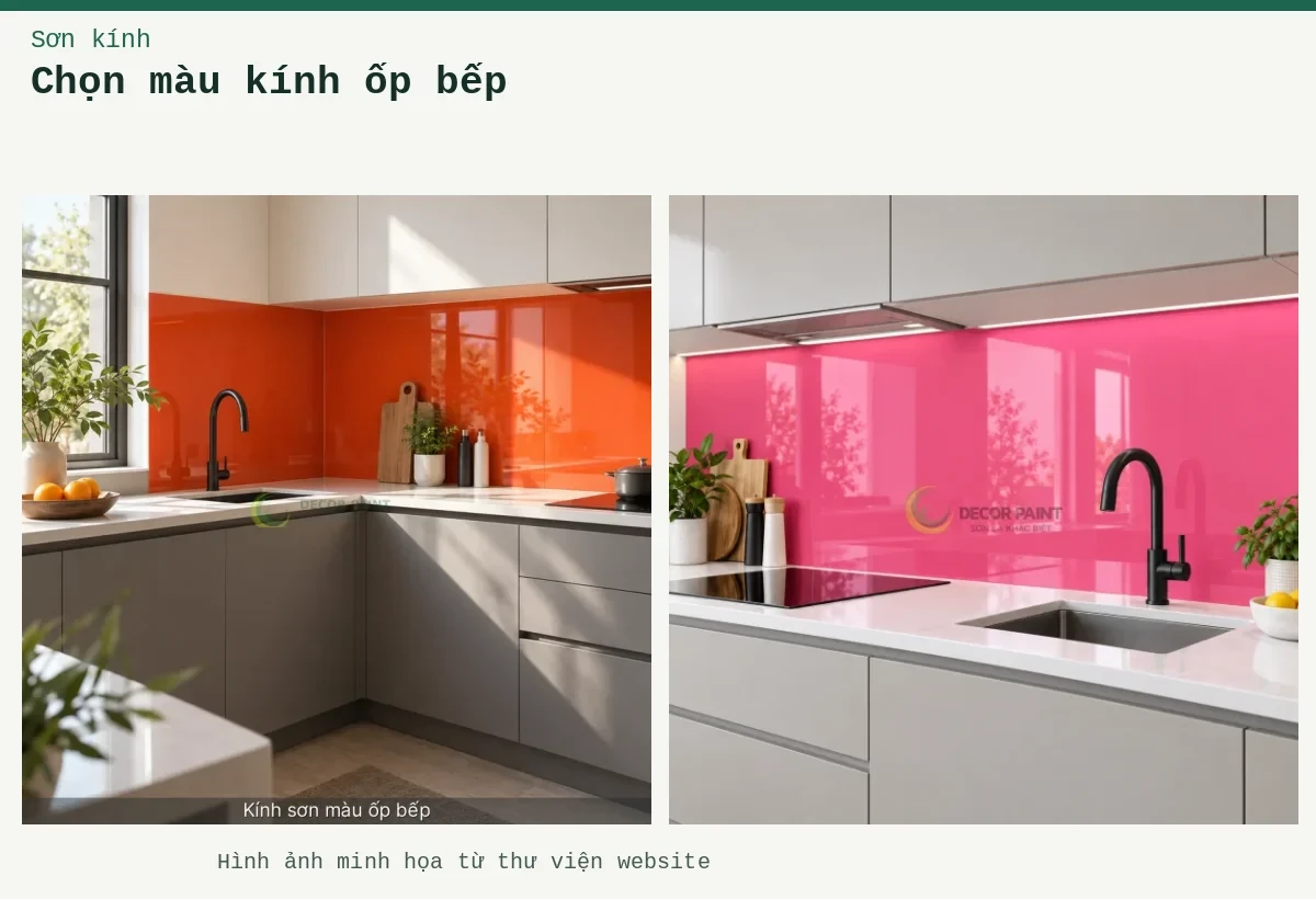 Chọn màu kính ốp bếp – Ảnh minh họa: Kính ốp bếp màu hồng; Minh họa kính sơn màu ốp bếp với bề mặt kính và màu cam đỏ.