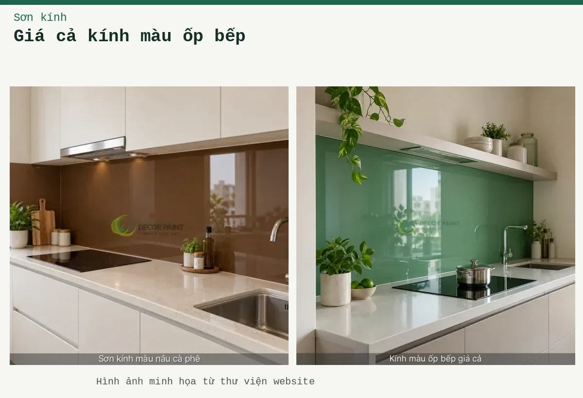 Giá cả kính màu ốp bếp – Ảnh minh họa: Kính ốp bếp màu nâu cà phê; Minh hoạ kính màu ốp bếp giá cả: xanh ngọc, thấy rõ bề mặt và cạnh kính.