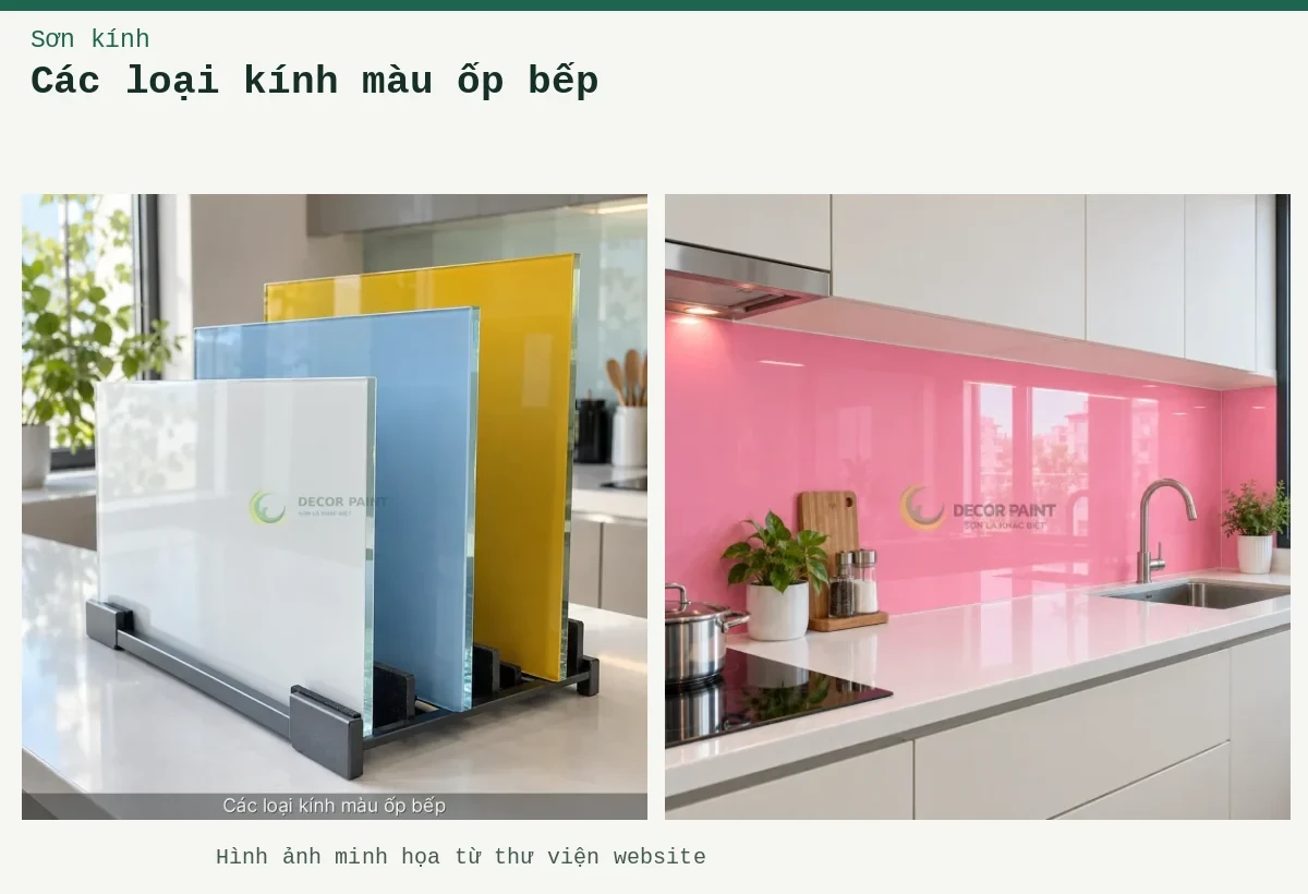 Các loại kính màu ốp bếp – Ảnh minh họa: Kính ốp bếp màu hồng bóng; Minh hoạ các loại kính màu ốp bếp: trắng bóng / xanh da trời / vàng nghệ, thấy rõ bề mặt và cạnh kính.