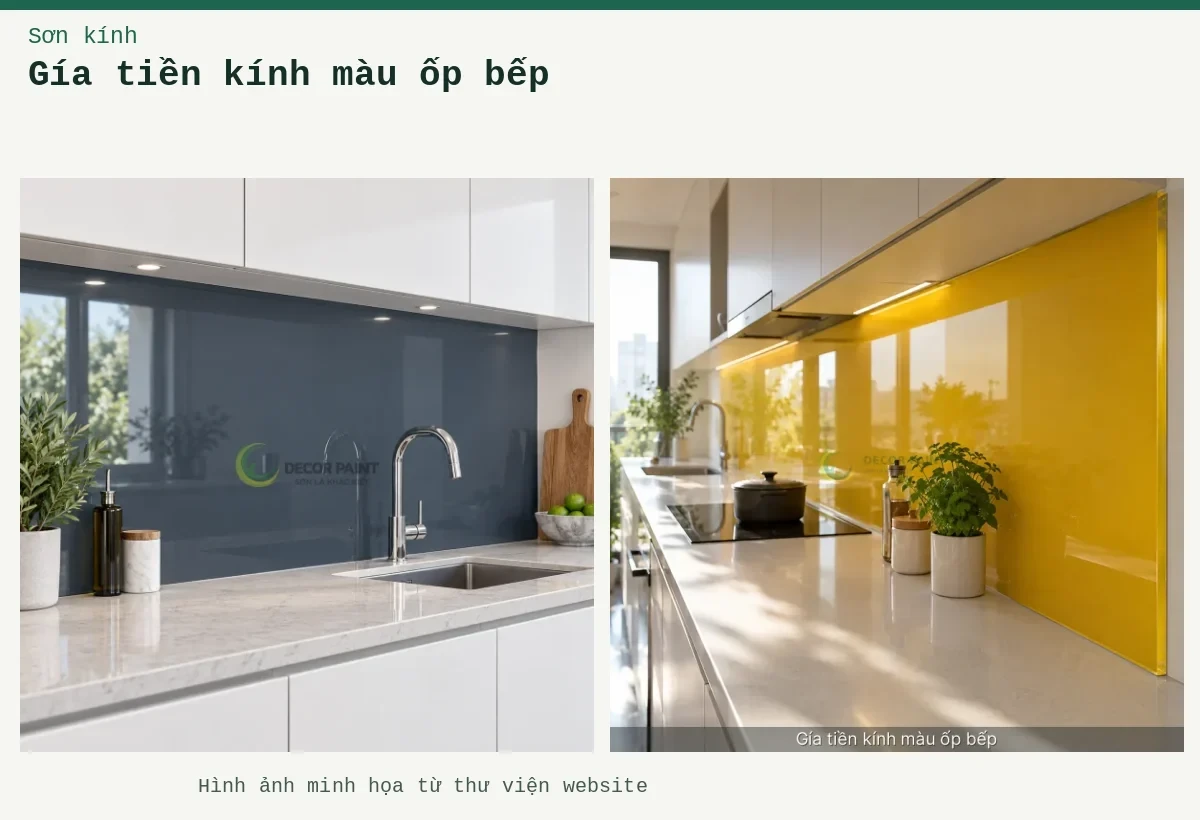Gía tiền kính màu ốp bếp – Ảnh minh họa: Kính ốp bếp màu ghi đậm; Minh hoạ gía tiền kính màu ốp bếp: vàng nghệ, thấy rõ bề mặt và cạnh kính.