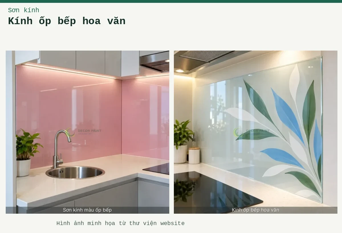 Kính ốp bếp hoa văn – Ảnh minh họa: Minh hoạ kính ốp bếp hoa văn: trắng bóng / xanh ngọc / xanh da trời, thấy rõ bề mặt và cạnh kính; Minh hoạ sơn kính màu ốp bếp: hồng bóng, thấy rõ bề mặt và cạnh kính.