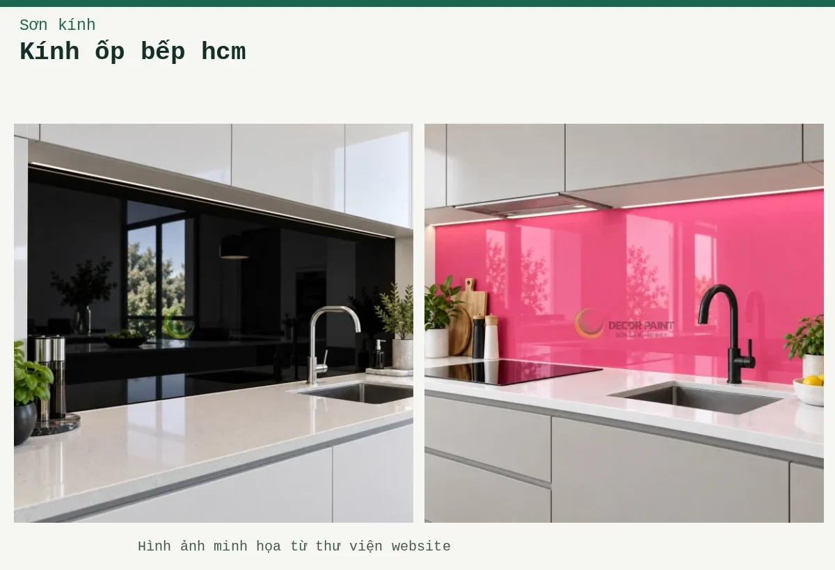Kính ốp bếp hcm – Ảnh minh họa: Kính ốp bếp đen; Kính ốp bếp màu hồng.
