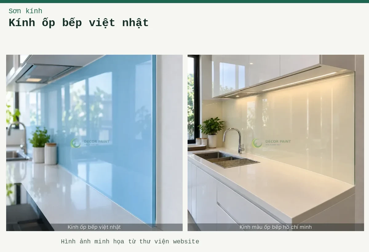 Kính ốp bếp việt nhật – Ảnh minh họa: Minh hoạ kính ốp bếp việt nhật: xanh da trời, thấy rõ bề mặt và cạnh kính; Minh hoạ kính màu ốp bếp hồ chí minh: kem nhạt, thấy rõ bề mặt và cạnh kính.