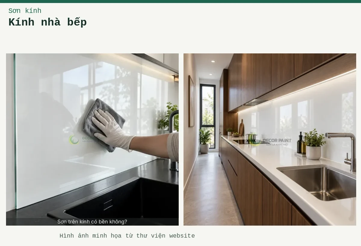 Kính nhà bếp – Ảnh minh họa: Kính sơn trắng bóng chạy dọc mặt bếp nhà phố hẹp, kết hợp hệ tủ gỗ sẫm màu; Lau bề mặt kính sơn trắng bóng trong nhà bếp.