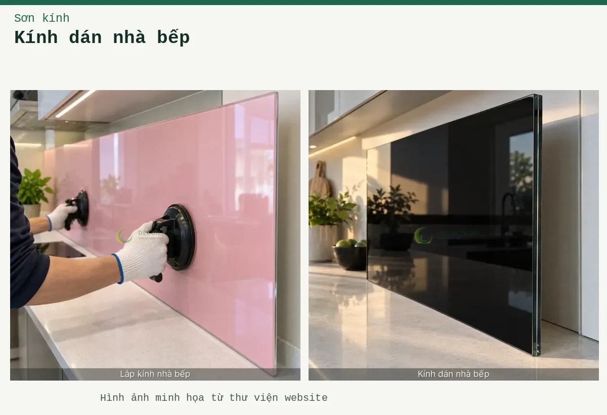 Kính dán nhà bếp – Ảnh minh họa: Minh hoạ kính dán nhà bếp: đen bóng, thấy rõ bề mặt và cạnh kính; Minh hoạ lắp kính nhà bếp: hồng bóng, thấy rõ bề mặt và cạnh kính.