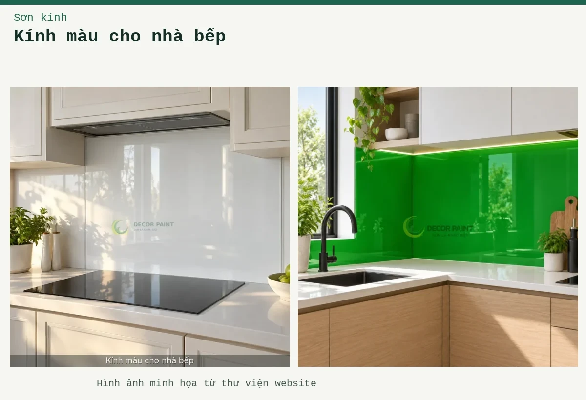 Kính màu cho nhà bếp – Ảnh minh họa: Kính bếp góc L; Minh hoạ kính màu cho nhà bếp: trắng bóng, thấy rõ bề mặt và cạnh kính.